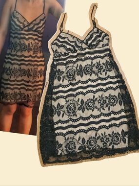 Vintage MADE IN USA Y2K Black Nude Lace Slip Dress Fredrick's Of Hollywood